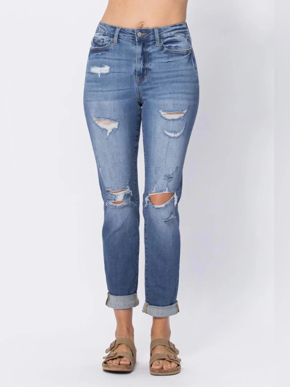 Judy Blue High Waist Cuffed Distressed Boyfriend Jeans Size 16W blue denim comfy